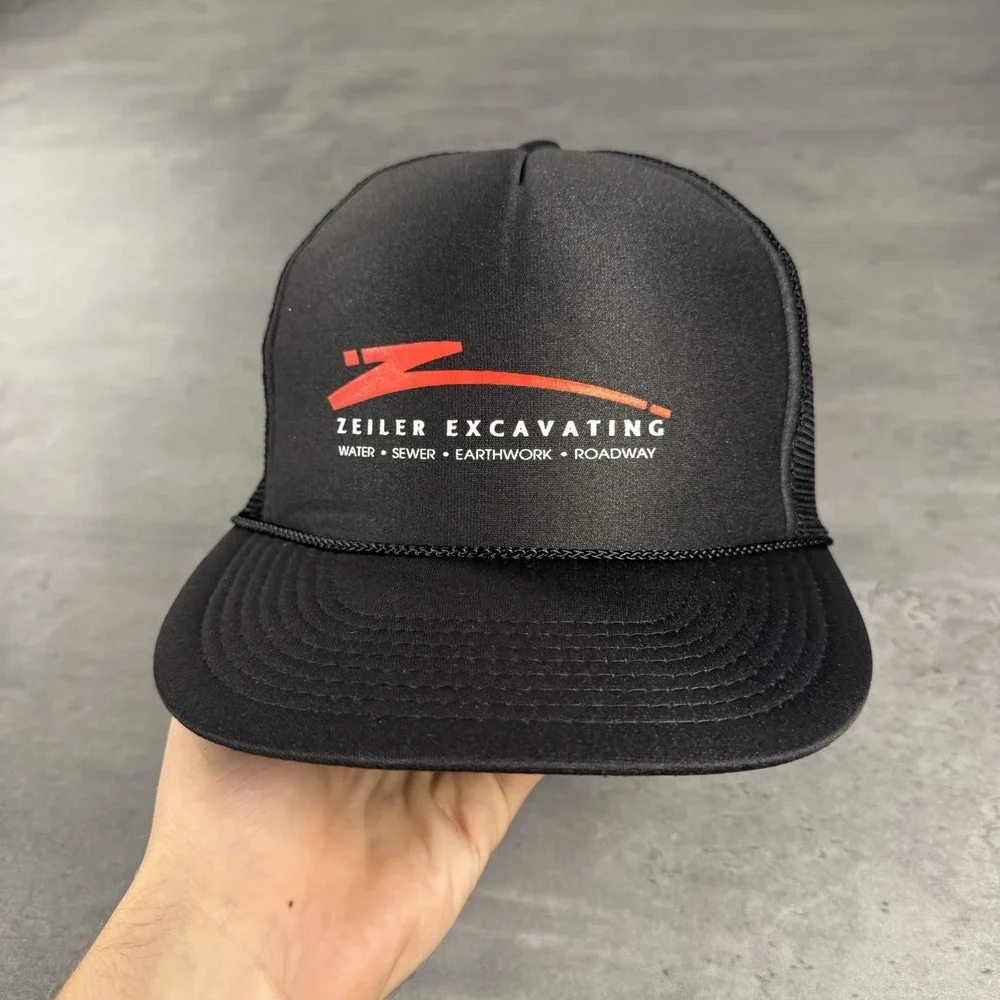 Vintage Construction Excavating Snapback Hat Black Red‎ Nylon 80s Work Chore